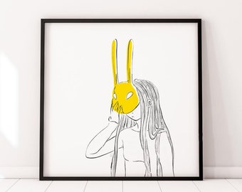 Rabbit Mask Digital Illustration Poster Printed Wall Decoration Print Illustration Home Rabbit Girl Home Decor Print