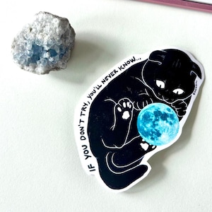 Könnte beinhalten: Ein schwarzer Katzenaufkleber mit einem blauen Mond-Design. Die Katze ist zusammengerollt und hält den Mond, mit dem Text "IF YOU DON'T TRY, YOU'LL NEVER KNOW..." in Weiß. Im Hintergrund befindet sich ein blauer Kristall.