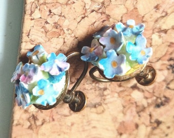 Vintage clip earrings, with a screw back, vintage coalport china, blue forget-me-not flower earrings