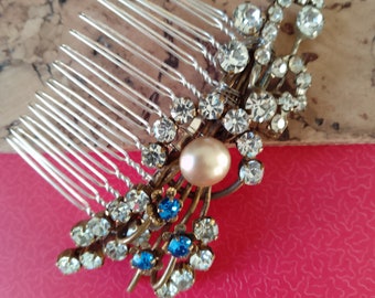 vintage diamanté pearl blue hair comb, vintage comb bridal come