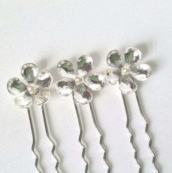 Silver Flower Hair Pins Pearl Daisy Bridal Pins Bridesmaid Etsy