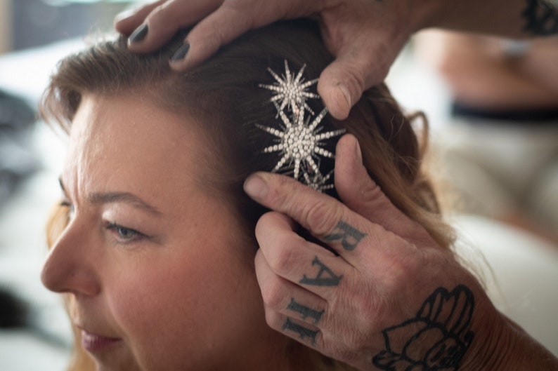 Deco star burst comb, silver rhinestone star headpiece, Deco bridal headpiece image 1