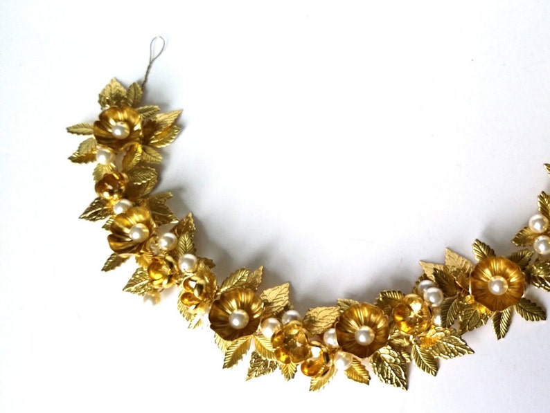 Gold flower leaf hair vine, gold crown, bridal headpiece, flower pearl vine image 6