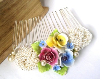 Bespoke vintage hair comb, bridal flower pearl comb, china flower headpiece
