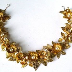 Gold flower leaf hair vine, gold crown, bridal headpiece, flower pearl vine image 4