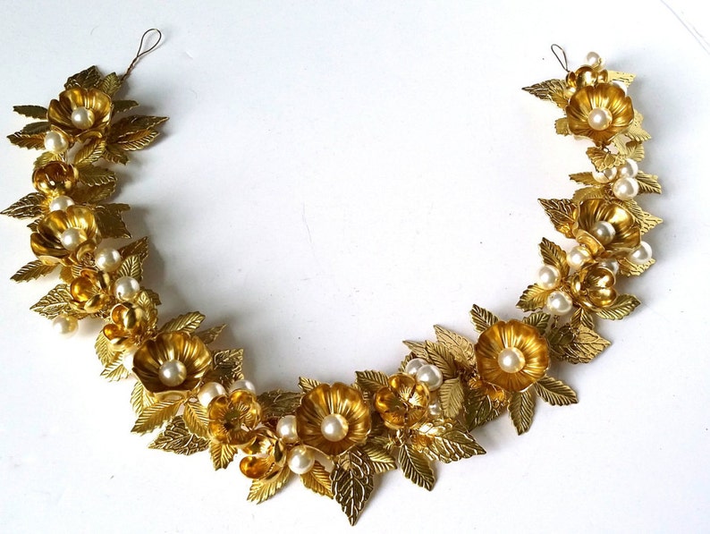 Gold flower leaf hair vine, gold crown, bridal headpiece, flower pearl vine image 4