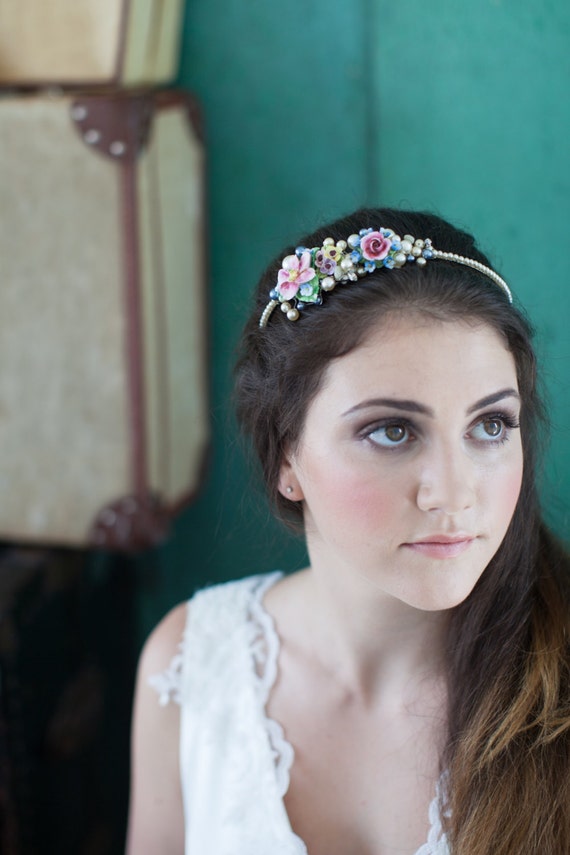 Vintage Floral Pearl Headband Vintage Floral Colourful Bridal Headband: China Flower  main image 4