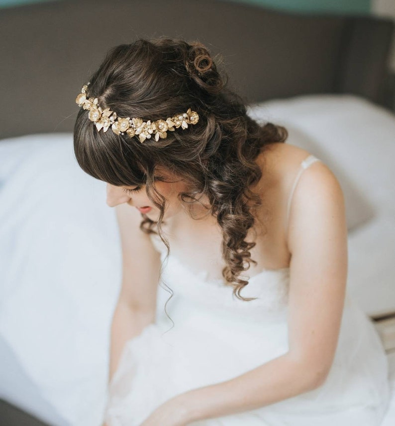 Gold flower leaf hair vine, gold crown, bridal headpiece, flower pearl vine image 1