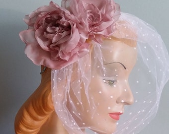 Blush flower headband, polka dot birdcage, bridal headpiece, flower headpiece