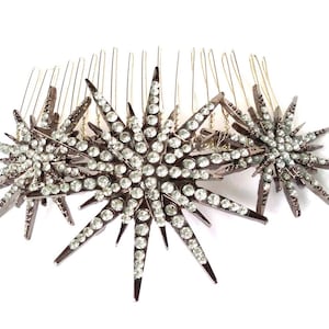 Deco star burst comb, silver rhinestone star headpiece, Deco bridal headpiece image 3