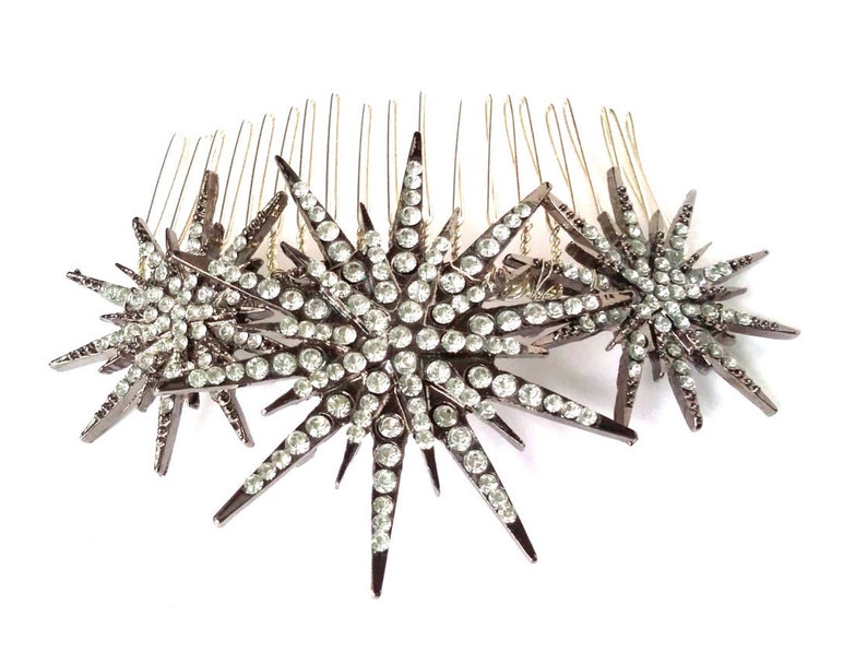 Deco star burst comb, silver rhinestone star headpiece, Deco bridal headpiece image 3