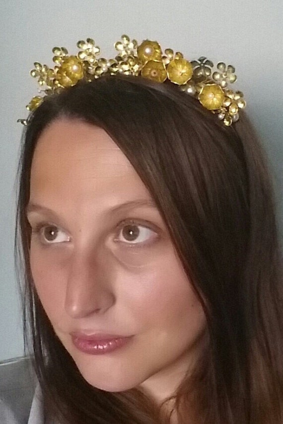 Gold Daisy floral Wedding Crown: Handmade Brass Flower pearl Headpiece, gold bridal tiara