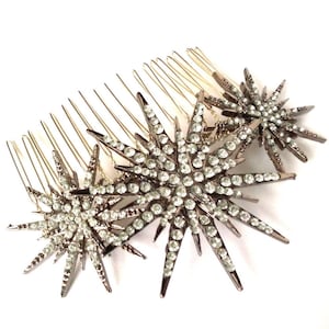 Deco star burst comb, silver rhinestone star headpiece, Deco bridal headpiece image 6