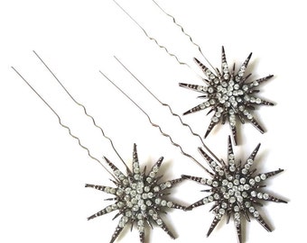 Deco star burst hair pins, silver rhinestone star headpiece, Deco bridal headpiece