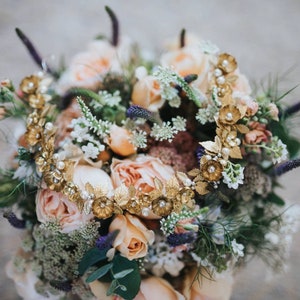 Gold flower leaf hair vine, gold crown, bridal headpiece, flower pearl vine image 7