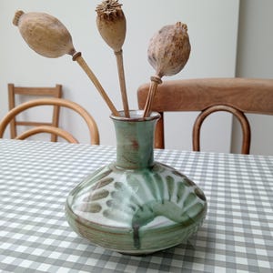 Puede incluir: Un jarrón de cerámica con una base ancha y redondeada y un cuello estrecho, con un esmalte verde y blanco con patrones pintados en forma de hoja. Tres cápsulas de amapola secas y marrones sobre tallos largos y finos están en el jarrón.