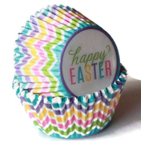 24 Happy Easter Chevron Cupcake Liners Party Cups Baking Cups Muffin Liner Holiday Supplies Treats Blue purple green pink yellow chevron