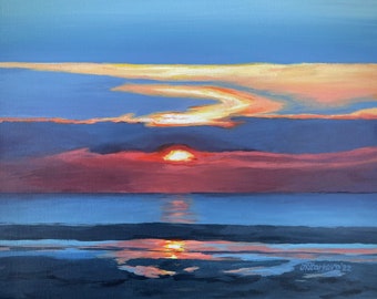May include: A painting of a sunset over the ocean. The sky is a gradient of blue, pink, and orange, with a thin band of clouds reflecting the sunset. The sun is setting below the horizon, and its reflection is visible in the water. The water is a deep blue, with a few waves breaking on the shore.