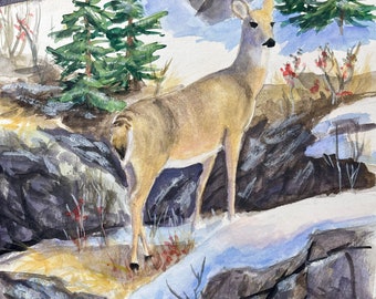 Original watercolor painting “Deer on the rocks” 12”x9” matted 16”x12”, wild animal landscape art