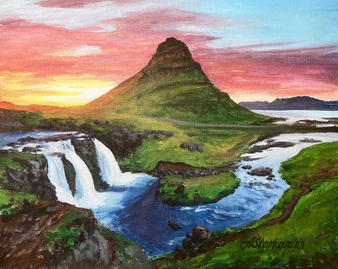Original Acrylic Painting “kirkjufell at Sunset” 8”x10” Iceland