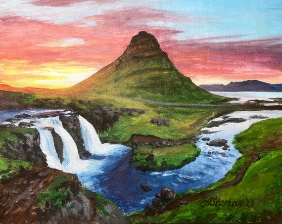 Original Acrylic Painting “kirkjufell at Sunset” 8”x10” Iceland