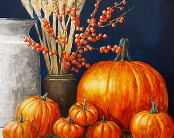 Original painting “Autumn Vibes” 14”x11”, pumpkin still life art, Fall season, Thanksgiving theme