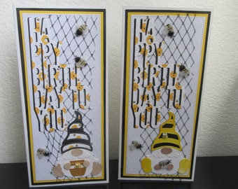 Bee Gnome Birthday Card: Handmade Slimline Bumblebee Design