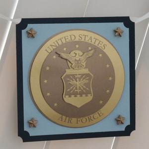 May include: A blue and gold plaque with the United States Air Force seal. The seal features a bald eagle with wings spread, a shield with lightning bolts, and the words "United States Air Force".