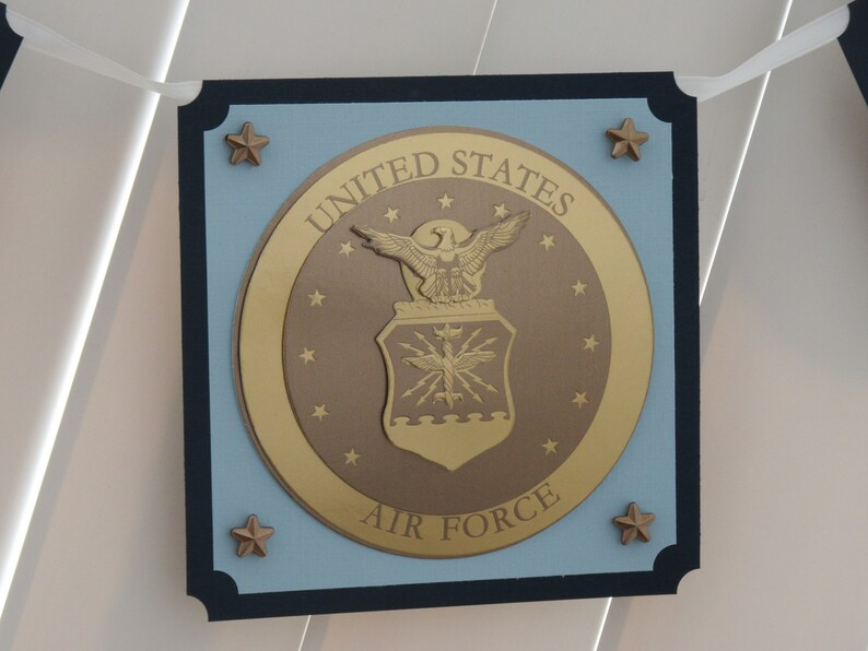 May include: A blue and gold plaque with the United States Air Force seal. The seal features a bald eagle with wings spread, a shield with lightning bolts, and the words "United States Air Force".