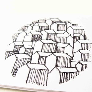 May include: Black and white line drawing of a cluster of houses, resembling a small village or town. The houses are drawn in a simple, geometric style, with each house having a distinct shape and size.