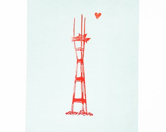 Sutro Tower//Postcard//Hand Carved Stamps/Red//Light Blue//Cordial Greetings//Little Heart