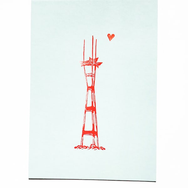 Sutro Tower /// Postcard /// Hand Carved Stamps ///Red /// Light Blue /// Cordial Greetings /// Little Heart