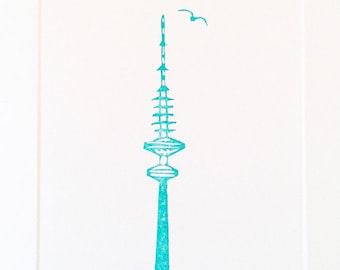 Television Tower Hamburg /// Hand Stamped /// Hand Carved Stamps /// Turquoise /// Telemichel /// Little Birds /// Cyan
