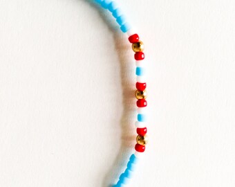 Red Aqua with Gold ///// bright, opaque, delicate hand made bracelet