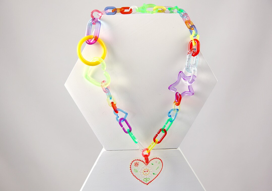Heart Daisy Mixed Plastic Chain Link Necklace Cute Beaded Etsy