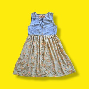 Vintage &quot;Express Jeans&quot; Denim and Floral Sun Dress - 90&#39;s