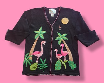 Klasyczny sweter kardigan z dzianiny flamingowej „Quaker Factory” – lata 90.