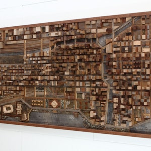 Chicago wood cityscape artwork made entirely out of old reclaimed wood, large wood wall art image 2