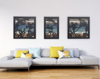 Ocean Reef Triptych, wood and metal wall art, ocean wall art,