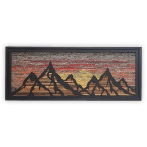 Reclaimed Wood Mountainscape Wall Art: Metal Mountain Range, Fiery Sunset