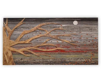 Reclaimed Wood Tree Sculpture: Geometric Autumn Wall Art (36"x72")