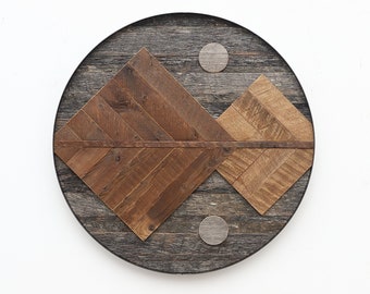 Mountain night reflection #4, 24"Dia, wood mountains wall art, wood wall art, reclaimed wood mountain range