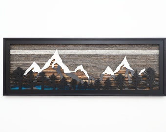 Pine Tree Forest Glacial Lake Mountains, wood and metal wall art, large wall art, Mountainscape art,
