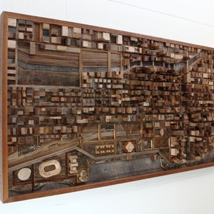 Chicago wood cityscape artwork made entirely out of old reclaimed wood, large wood wall art image 4