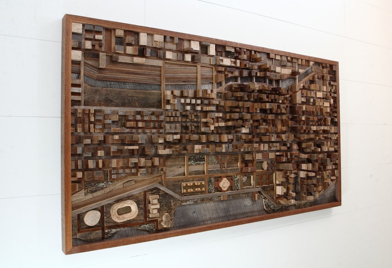 Chicago wood cityscape artwork made entirely out of old reclaimed wood, large wood wall art image 4
