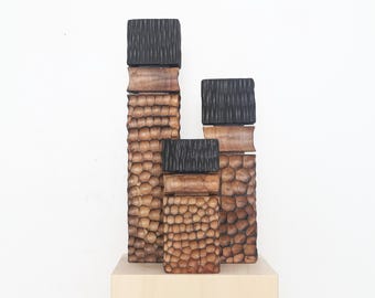 Reclaimed Beech Wood Sculpture Set, Black Ember Monoliths, Organic Modern Decor (Set of 3)
