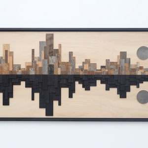 City Reflection, Night Skyline,  wood wall art, reclaimed wood wall art, Large wood wall art, wood cityscape