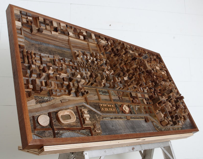 Chicago wood cityscape artwork made entirely out of old reclaimed wood, large wood wall art image 5