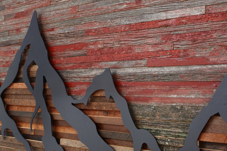 Wood wall art of a Fiery Sunset Mountain landscape made of Etsy