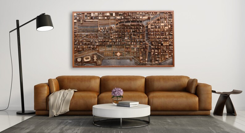 Chicago wood cityscape artwork made entirely out of old reclaimed wood, large wood wall art image 7